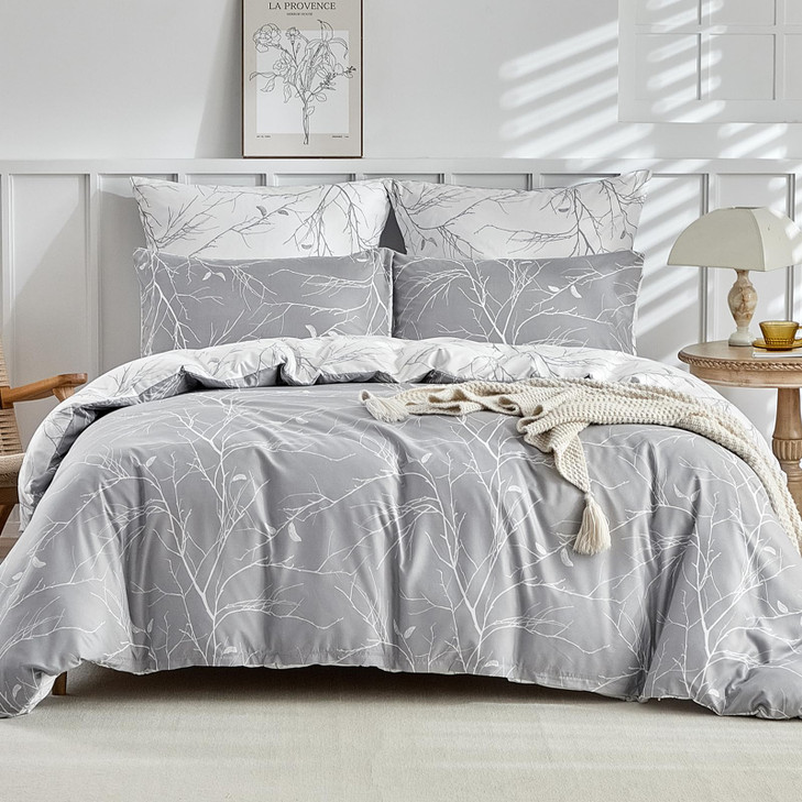 Lekesky Reversible Duvet Cover Queen Size, Grey White Branch Comforter Cover Queen 3pcs Microfiber Botanical Bedding Set with Zipper Closure Corner T