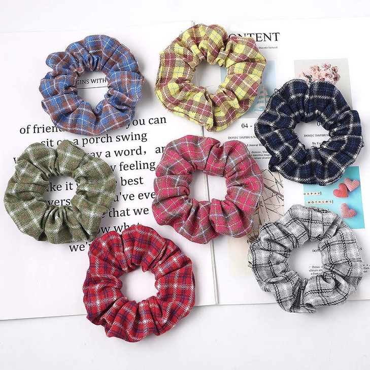 DINPREY Plaid Hair Scrunchies, 7 PCS Mulberry Silk Elastic Hair Ties, Large Hair Ties, Strong Elastic Hair Bobbles for Ponytail Holder