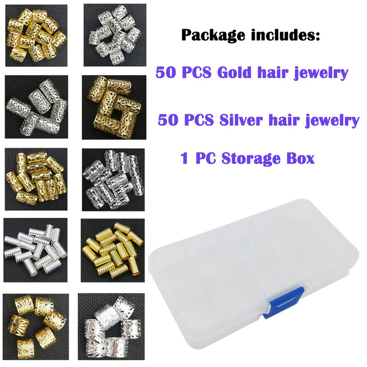 100 PCS Gold Hair Cuffs Hair Beads for Girls Silver Hair Jewelry for Braids Accessories, Flosius Hair Charms for Braids Dreadlock Accessories Loc Jew