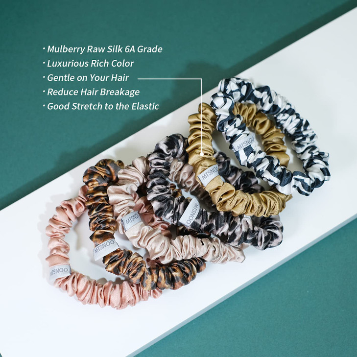 MTSNOO Pure 22 Momme Mulberry Silk Scrunchies Set for Sleep - 6 Pack Elastic Hair Ties for Curly Hair, Women, and Girls