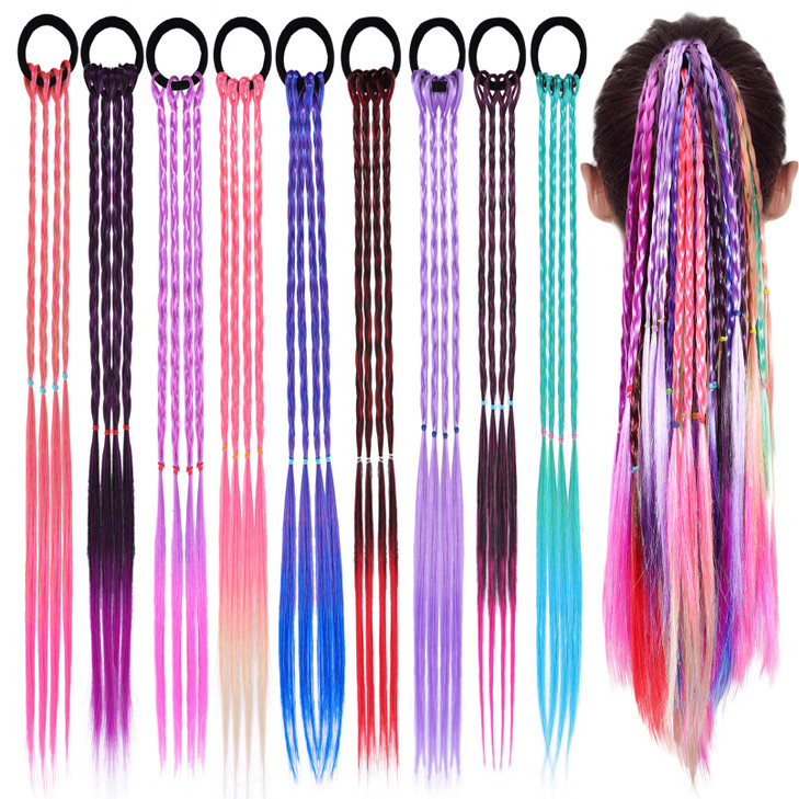 18 PCS Girls Rainbow Braided Synthetic Hairpieces Ponytail Kids Hair Extensions with Rubber Bands