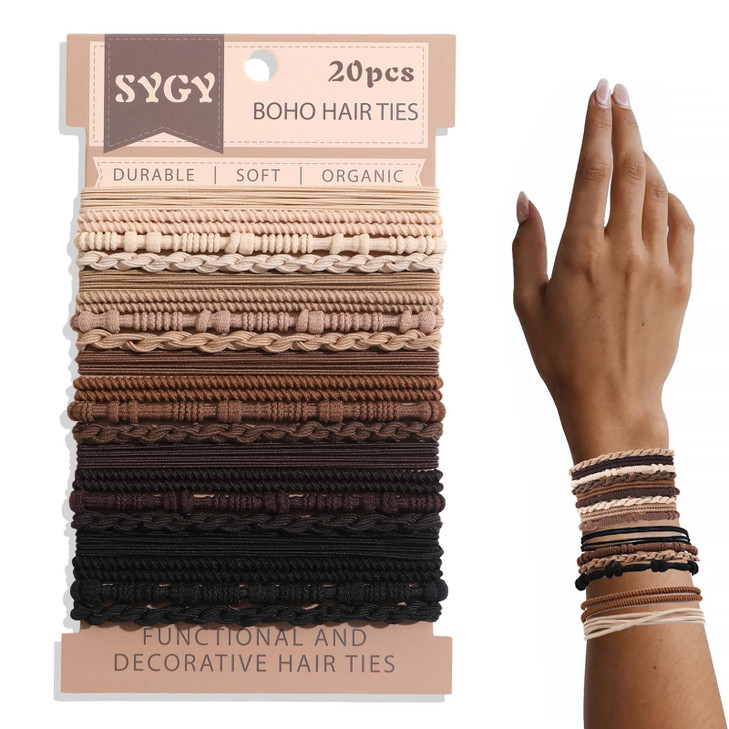 20 PCS Boho Hair Ties Bracelets, No-Damage Hair Elastics for Thick/Thin Hair, 4 Styles 2.36" Braided Ponytail Holders, Valentine's Day Gifts Box, Bro