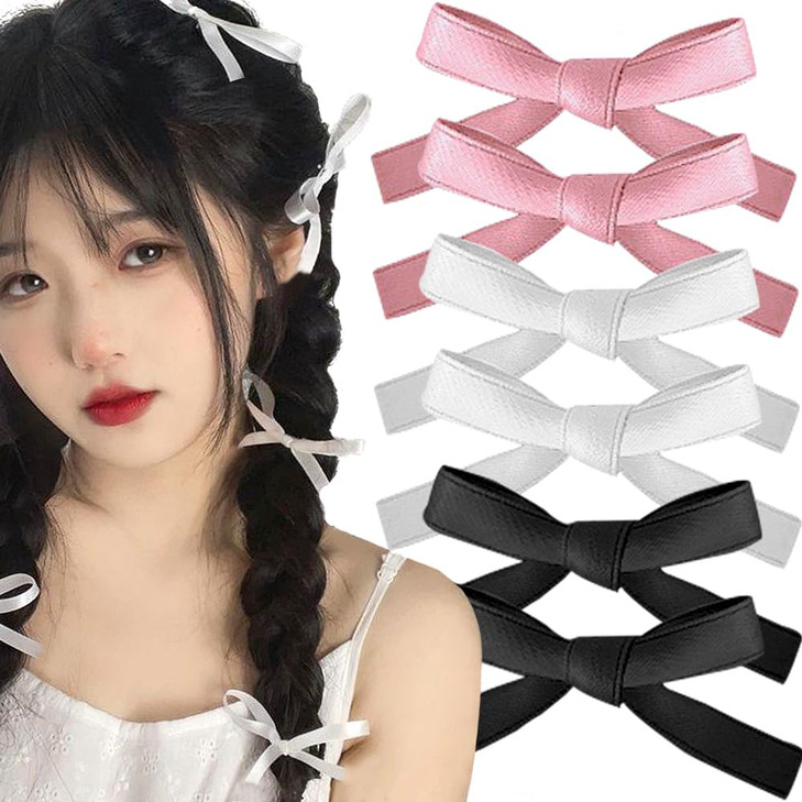 Myhiju 6 Pcs Hair Bows (Black, White, Pink) - Sweet Hair Design Hair Clips, Alligator Clips for Women Girls Hair Accessories, Multi-Scene Use, Small