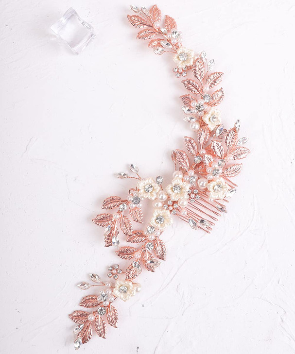 Xerling Vintage Wedding Flower and Leaf Hair Comb for Brides - Rhinestone, Pearl Hair Piece in Rose Gold