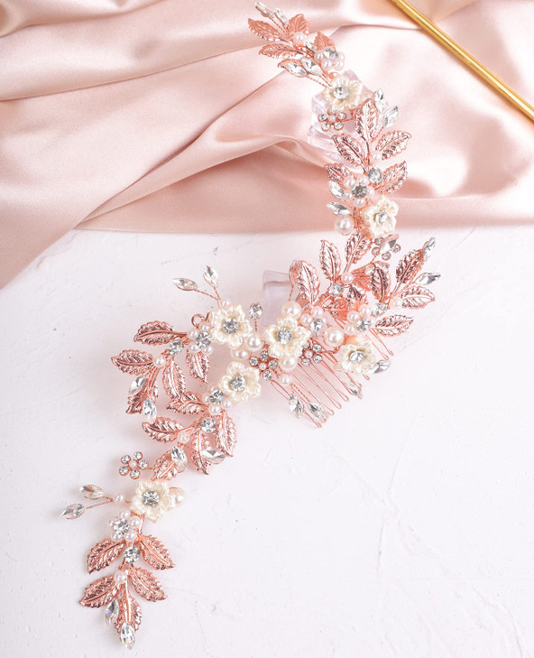Xerling Vintage Wedding Flower and Leaf Hair Comb for Brides - Rhinestone, Pearl Hair Piece in Rose Gold