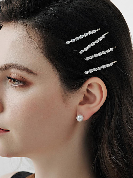 Xerling 4Pcs Shiny Silver Sparkly Bobby Pins Teardrop Zircon Crystal Hair Clips Wedding Brides Hair Styling Pins Hairpins Women Girls Hair Barrettes