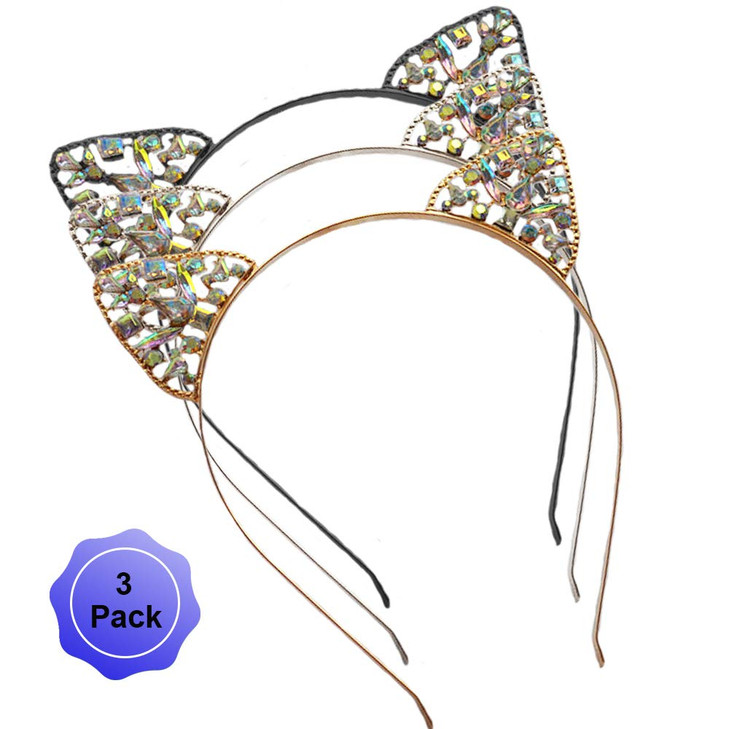 Cat Ears Headband Rhinestone Cat Hair Bands Crystal Halloween Hair Hoop Women Hairband Party Decoration Headdress Cosplay Costume Headwear Handmade H