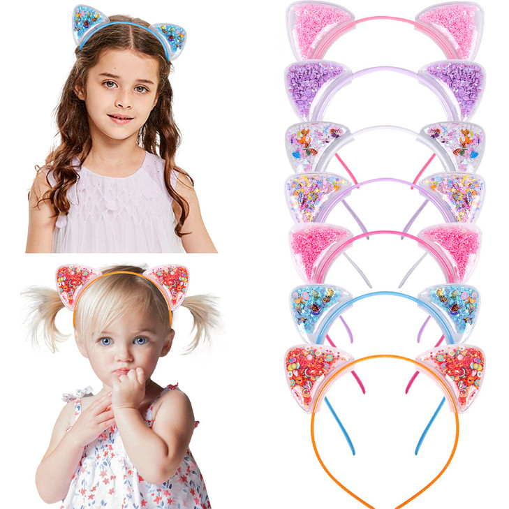 ZIRICHER Cat Ears Headband For Girls Women Glitter Cat Headbands,Transparent Quicksand Sequin Cat Headband Cute Kitten Ear Hairband For Kids Toddler