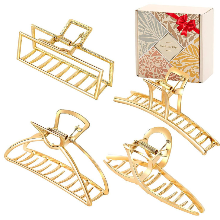 4 Pack Large Gold Hair Claw Clips for Women Thick Hair, French Design Metal Cross Banana Non-Slip Hair Catch Barrette Jaw Clamp Clips for Women and G