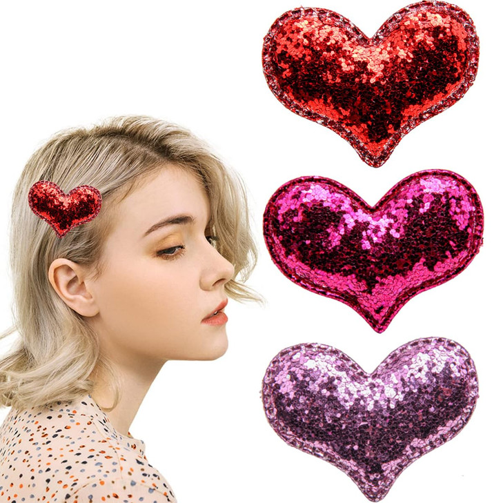 3Colors Valentine Heart Hair Clips Glitter Sequin Heart Hairpins Hair Barrettes Red Pink Rose Red Hair Pins Hair Accessories for Women Girls Heart Cl