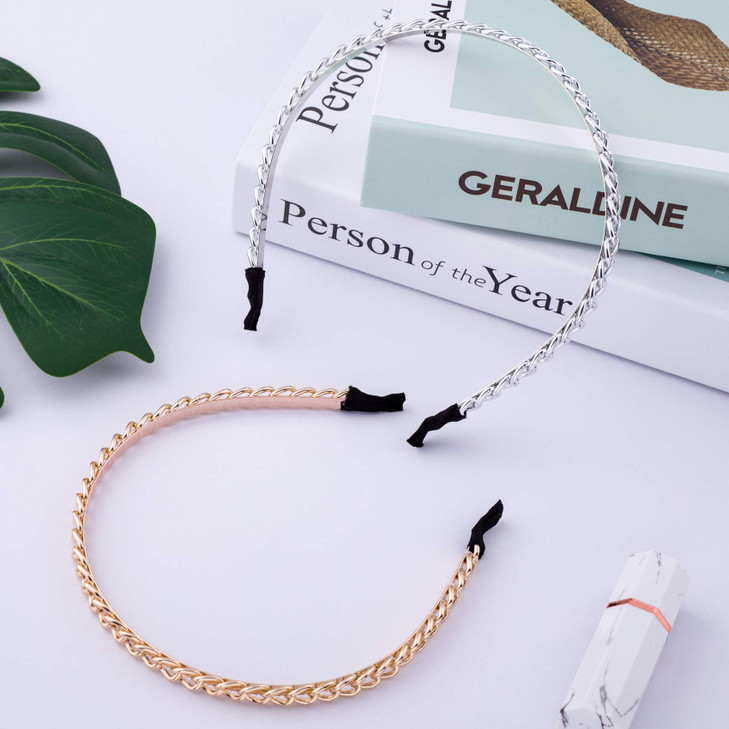 PAGOW 2Pcs Women Chained Headband Fashion, Gold Metal Thin Headbands for women Girls, Beauty Silver Headbands Hair Hoops Hair Accessories (Gold/Silve