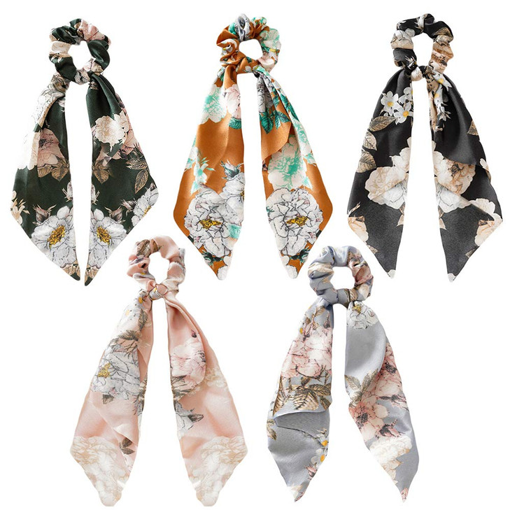 Paisley Silk Scrunchies with Ribbon Bow, Floral Printed Ribbon Ties (Flower Pattern)