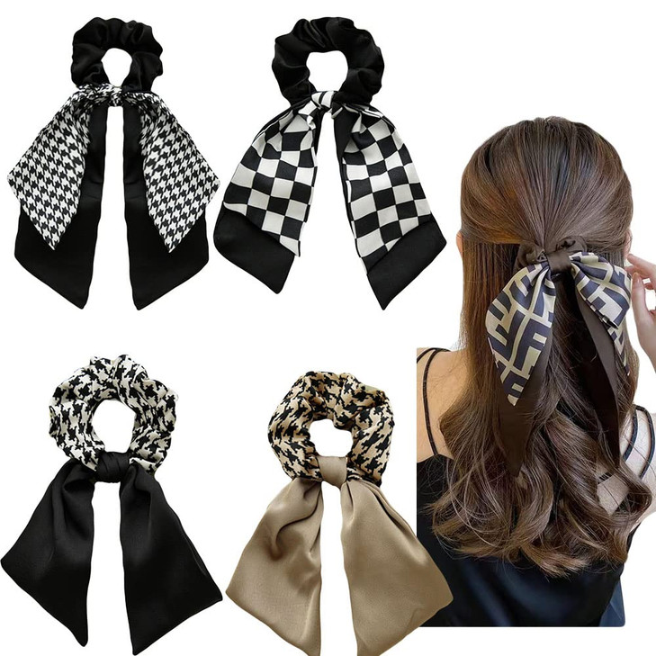 DINPREY 4PCS Short Hair Scarf with Ribbon Bow Scrunchies, Plaid Hair Ties, Chiffon Bowknot Hair Scrunchies for Women