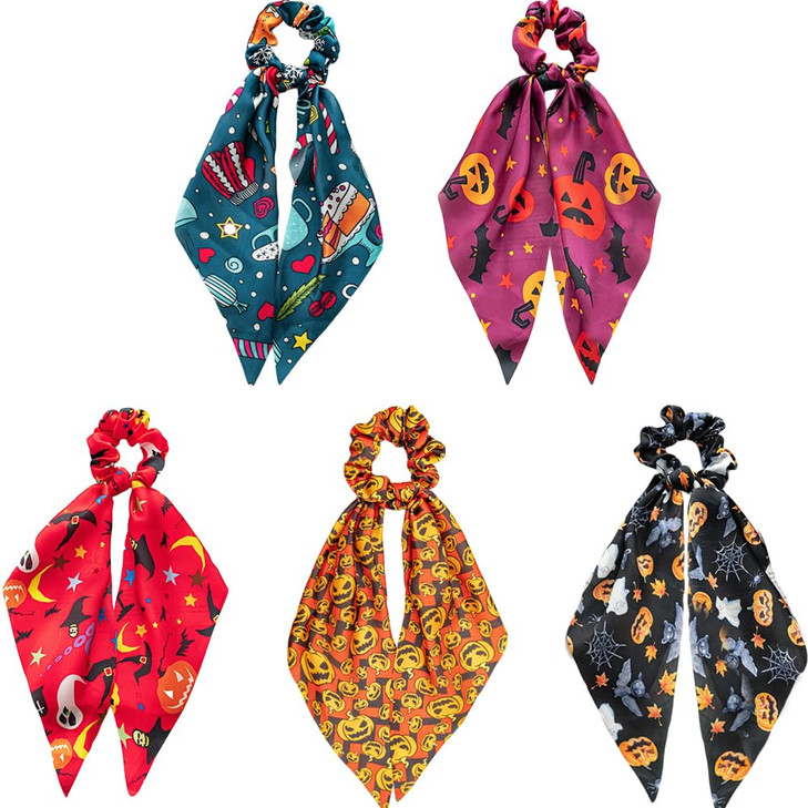 5 Pcs Halloween Scrunchies for Hair Halloween Hair Scarf, Holiday Hair Scrunchies Silk Hair Scarfs with Ribbon Bow for Woman Girls, Spider Ghost Pump
