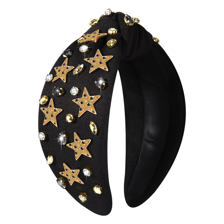 HZEYN New Year's Eve Headband for Women 2025 - Happy New Year Star Crystal Jeweled Knotted Holiday Accessories (Gold Stars-Black)