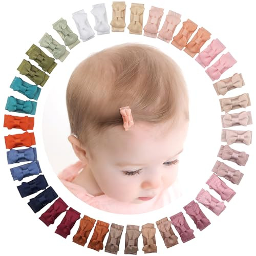 CÉLLOT 40pcs Mini 1.2" Grosgrain Ribbon Snap Clips - Tiny Fine Thin Hair Bows in Pairs for Baby Girls, Toddlers, and Infants