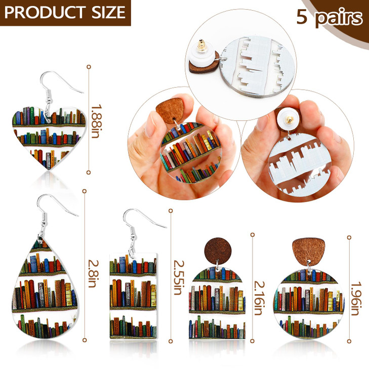 5Pairs Accessories 5 Pair Book Earrings for Women Cat Book Funny Bookshelf Earrings Acrylic Dangle Earrings Jewelry Gifts for Teacher's Day Back to S