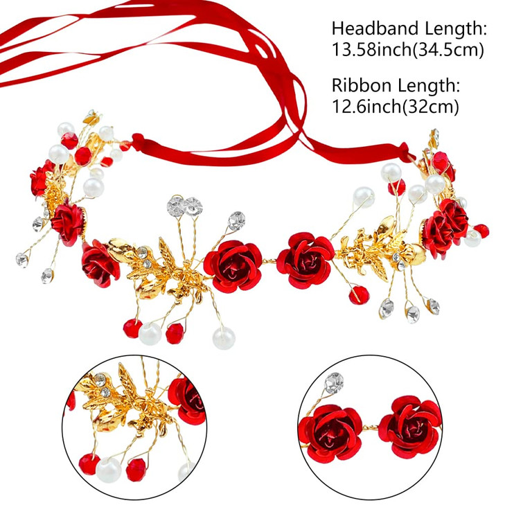 Aswewamt 2 Pcs Flower Crown Headband Rhinestone Pearl Tiara Rose Bride Crown Crystal Red Headband Wedding Headpiece Hair Jewelry for Women