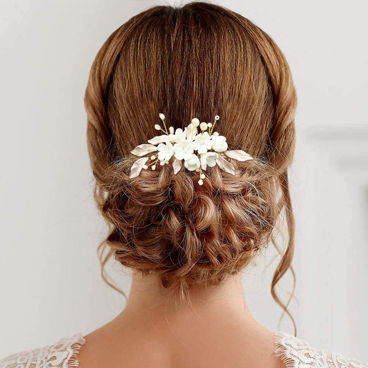 PRETTYLIFE Flower Bridal Hair Pieces with Comb Pearl Leaf White Ceramic Floral Wedding Hair Accessories for Women Girls