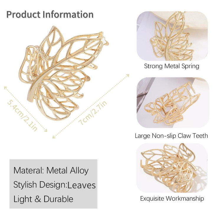 Gold Hair Clips for Women - Metal Hair Claw Clips for Thin Hair, Hollow Out Leaves Shaped Fall Thanksgiving Barrettes for Styling, Nonslip Hair Acces