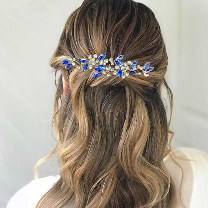 BETITETO Crystal Bridal Hair Pins Sparkle White Blue Rhinestone Wedding Hair Piece Accessories for Women Girls (Pack of 2)