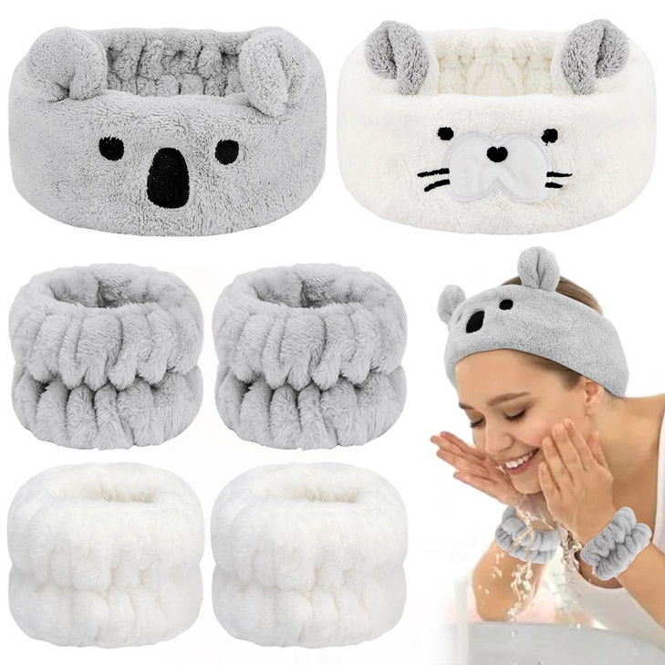 AHONEY Face Wash Headband and Wristband Set, Cute Makeup Spa Skincare Headbands Wrist Bands for Washing Face Headband for Women Girls Elastic Animal
