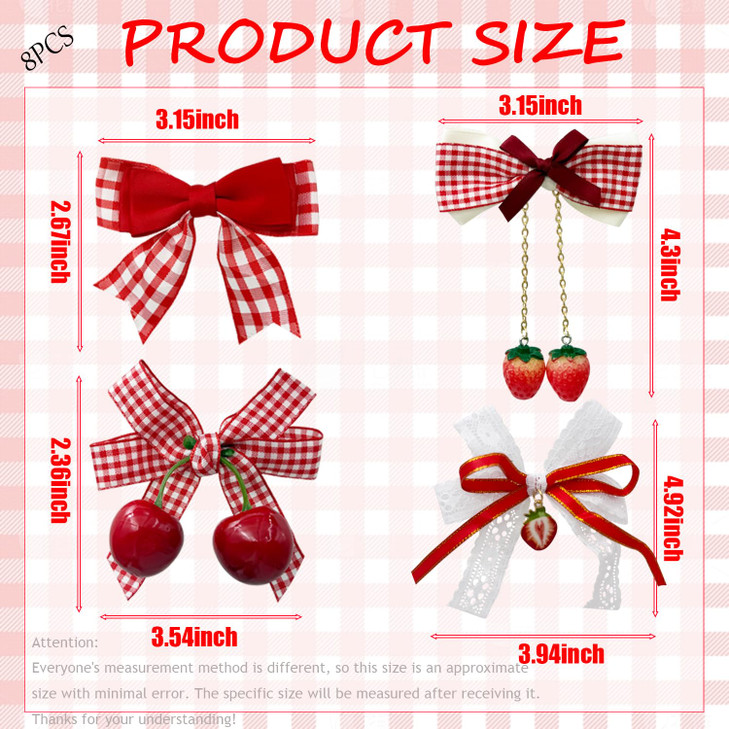 8 Pcs Cherry Strawberry Hair Accessories - Cute Alligator Clips, Flower Barrettes, Bow Decor for Teen Girls and Women, Hair Decoration, Christmas