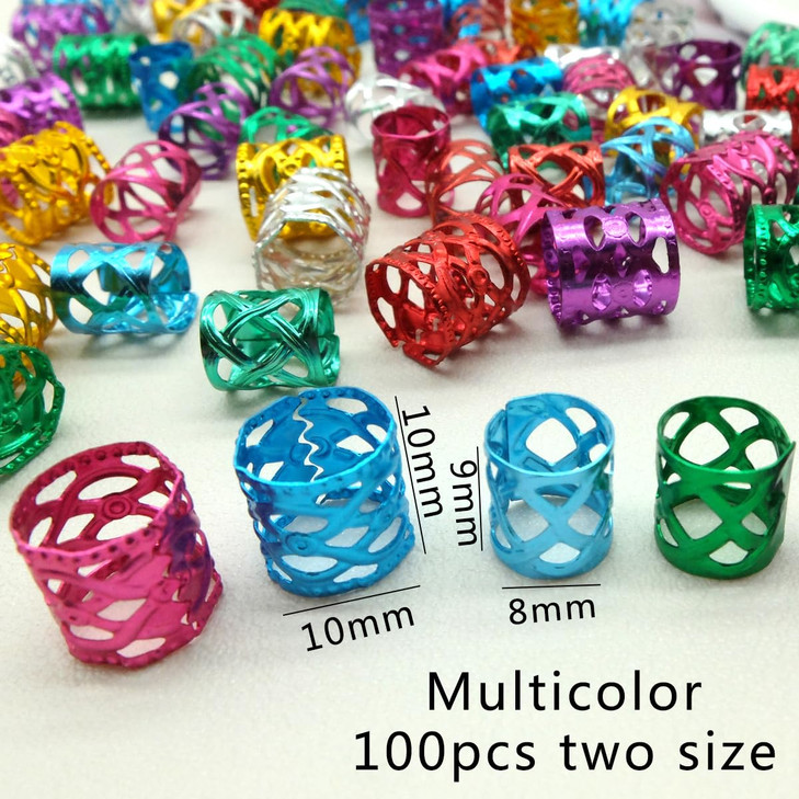 100PCS Two Size Multicolor Rings, Hair Jewelry for Braids, Dreadlocks Beads for Women, Braids Hair Decorations Colorful Aluminum Ring Adjustable Meta