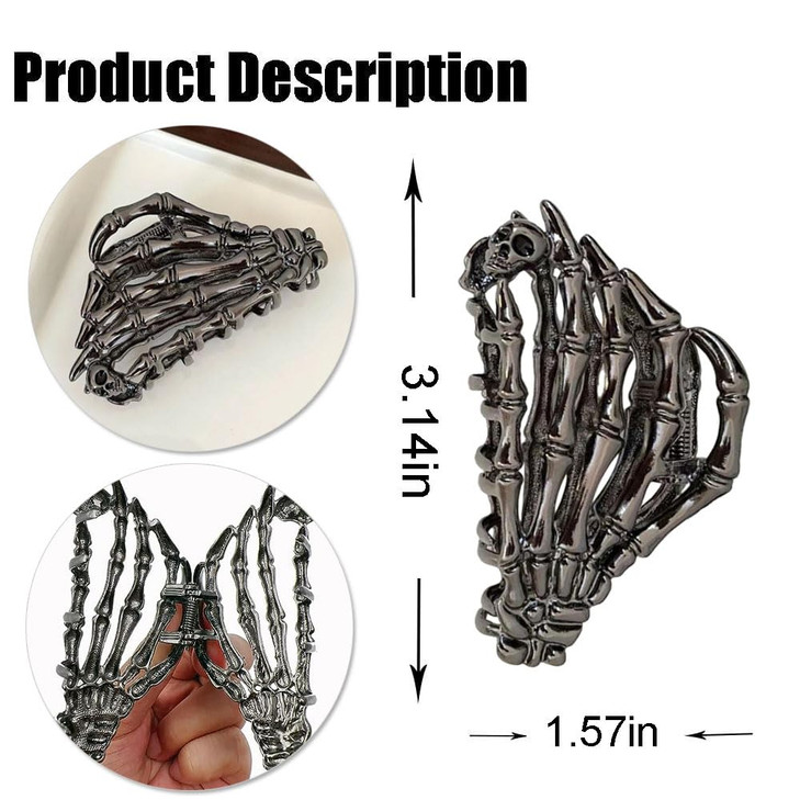 Fashion Skeleton Hand Hair Clips Large No Crease Metal Black Punk Claw Barrettes for Women and Girls - Strong Hold Styling Accessories for Thick and
