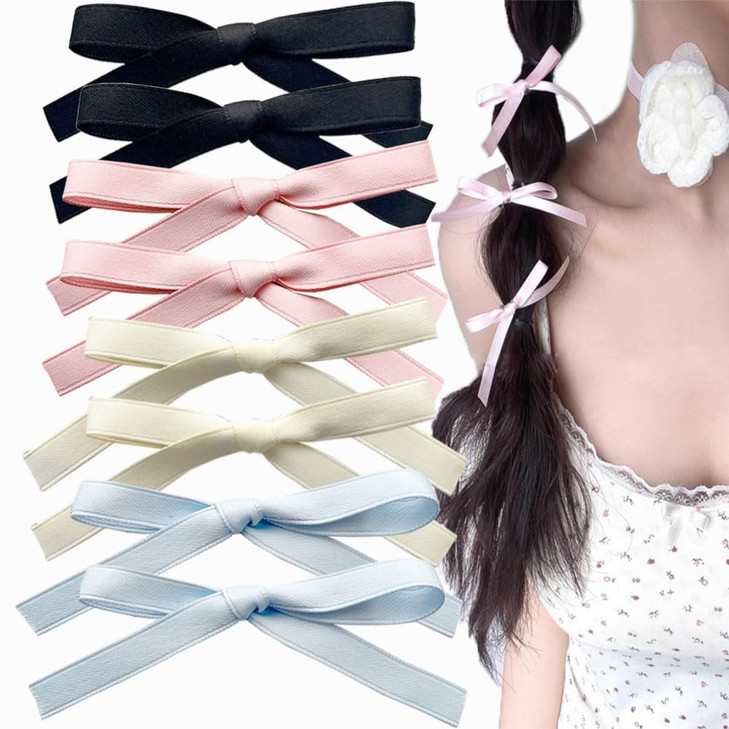 SALOCY Hair Bow Clips, 8 Pcs Hair Ribbons Hair Bows for Women Girls - Pink, Beige, Black, Blue (Set-1, Satin, Bow, Clamp)