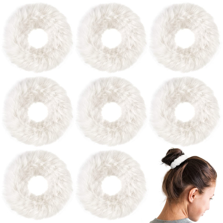 OIIKI White Fuzzy Hair Scrunchies 8pcs, Furry Hair Ties Bands with Faux Rabbit Fur, Soft Kawaii Fluffy Cute Elastic Hair Tie Ponytail Holders for Gir