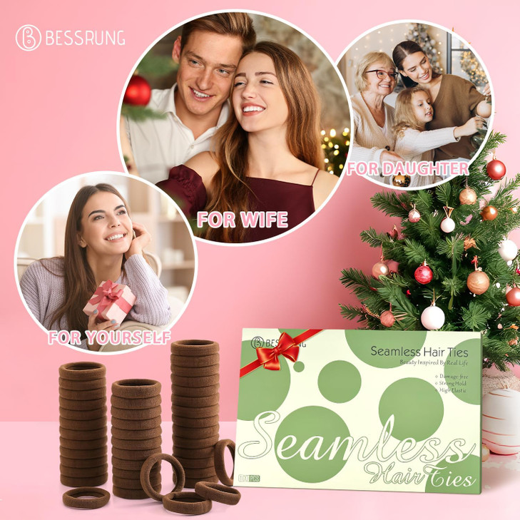 100 Pcs Thick Seamless Hair Ties, Ponytail Holders Hair Accessories No Damage for Thick Hair Valentine's Day Gift(Dark Brown Colors)