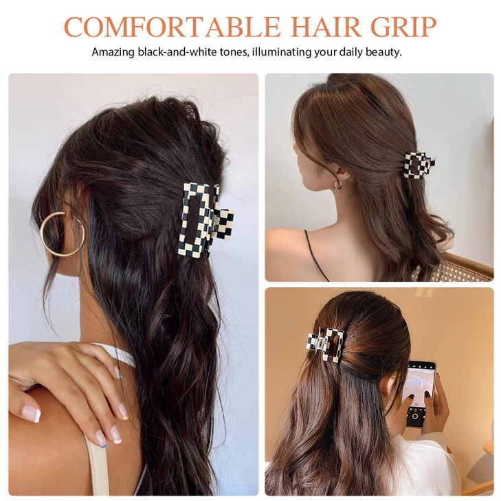 Large Hair Clips for Women's Thick and Thin Hair, Vintage Black/White Checkered Cellulose Acetate Banana Clamps for Long Curly Hair