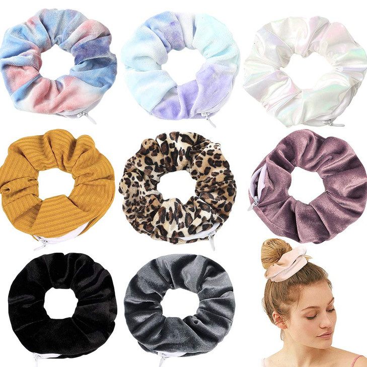 Women's Tie-Dye Scrunchie Hair Ties with Hidden Zipper Pouch - Soft Velvet Hair Elastics for VSCO Girls (8 Pcs Multicolor)