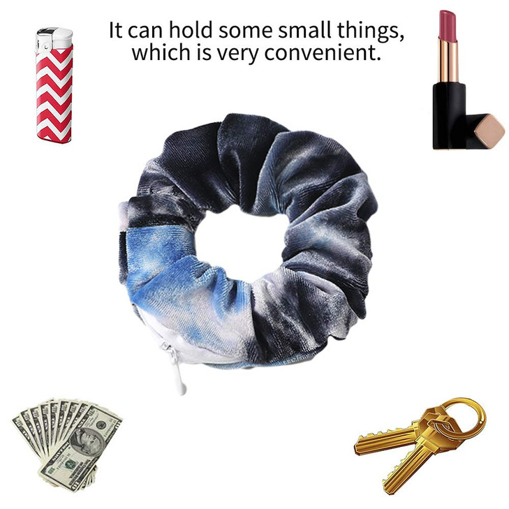 Women's Velvet Multicolor Hair Ties with Secret Zipper Pouch - Tie Dye Scrunchies and Soft Stash Elastic Ties for Vsco Girl Stuff (6 Pcs C)