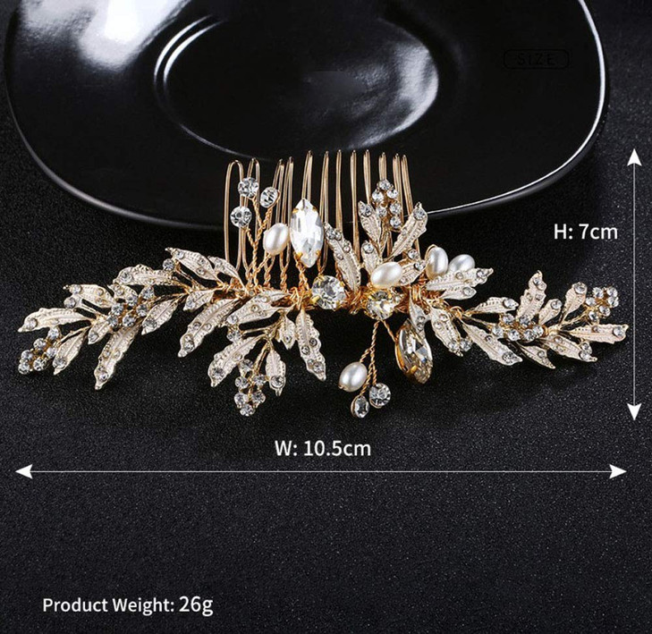 Denifery Vintage Wedding Headpiece - Gold Rhinestone Pearls Flower and Leaf Crystal Hair Comb for Women, Bridal Hair Accessories