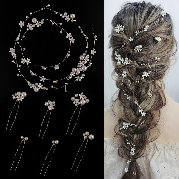 SELFCLOUD Handmade Pearl Bridal Hair Vine Wedding Hair Accessories Sparkling Pins Set Bride Wedding Pieces for Women and Girls Hair Jewelry Brides He