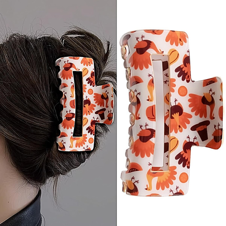 Thanksgiving Square Claw Clips for Women Girls, Fall Harvest Turkey Design Hair Clips for Thin Thick Hair, Strong Hold Barrettes Clamp Styling Access