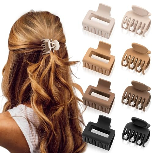 DEPOKA Matte Hair Clips for Women and Girls - Rectangle and Double Row Small Claw Clips for Thin/Medium Fine Hair - Nonslip Jaw Clips (Beige, Khaki,