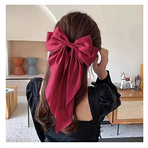 Red Silk Hair Bows for Women: Long Tail Layered Bowknot Barrettes, French Hairpins, Large Satin Hair Clips for Hair Styling and Ribbons for Girls