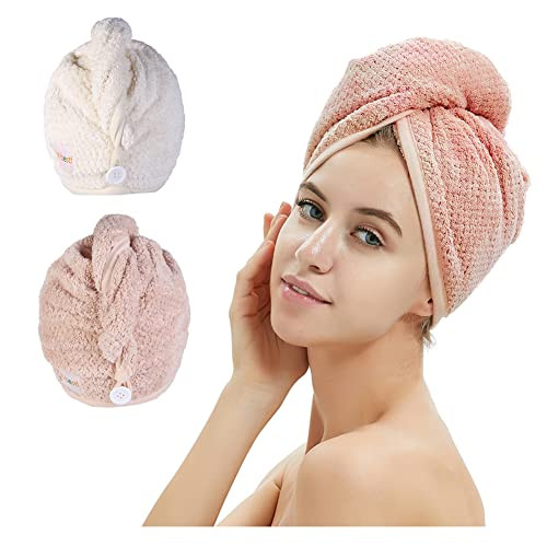 M-bestl 2 Pack Microfiber Hair Towel Wrap,Hair Drying Towel with Button, Hair Towel Turban,Quick Dry,Anti-frizz,Absorbent Head Towel (Pink&Beige)