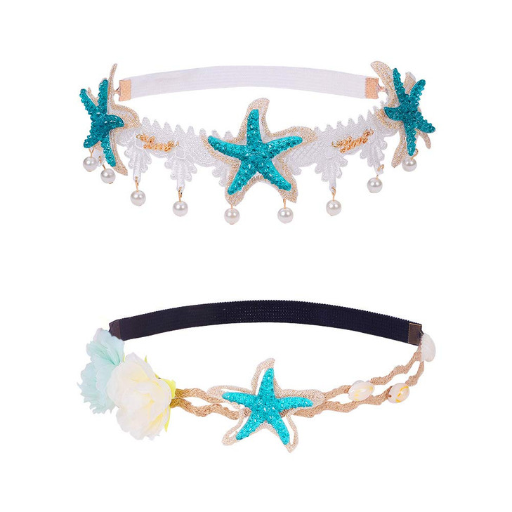 PH PandaHall 2 Strand Mermaid Hairbands with Starfish Necklace - Bohemia Wedding Lace Headband, Elastic Hairband Flowers and Seashell Costume for Chr