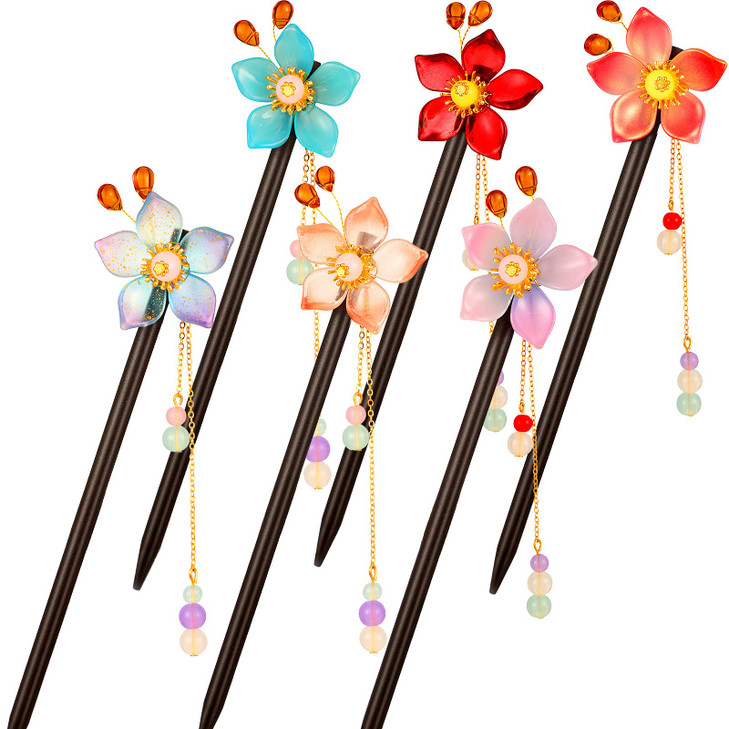 Waydress 6 Pieces Chinese Traditional Flower Hair Sticks Vintage Wooden Hairpin Handmade Chinese Hair Stick Hairs Chopsticks Flower Hairs Styling Pin