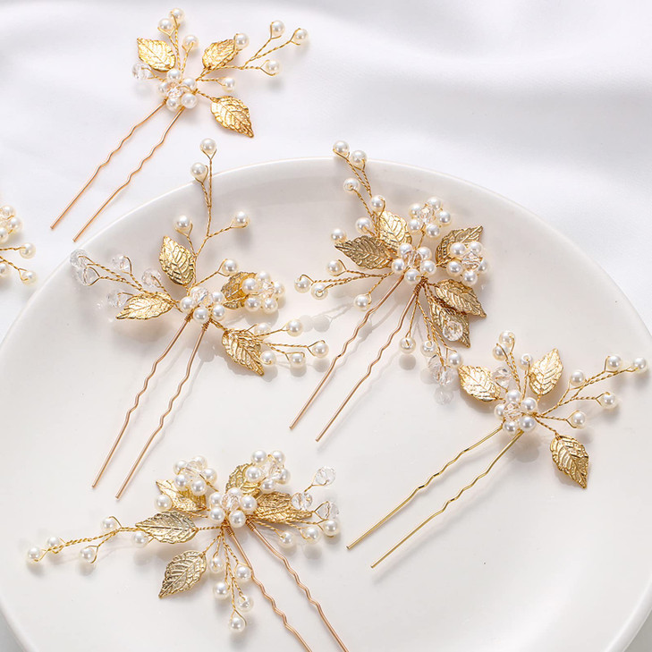 Waydress 6 Pcs Wedding Pearl Hair Pins Floral Hair Accessories Gold Leaf Head Piece Bridal Wedding Hair Clips for Women