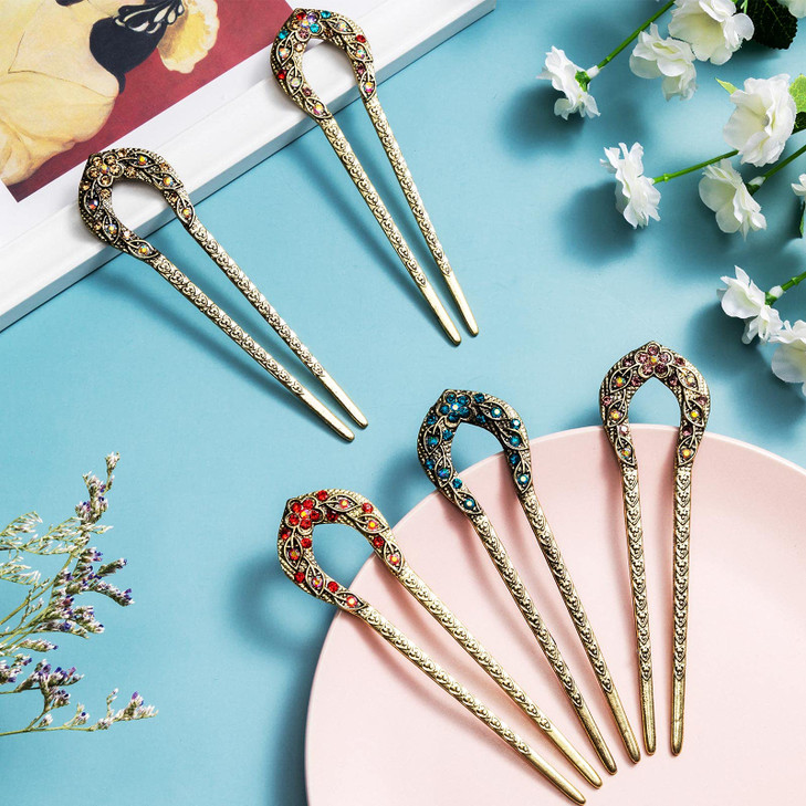 Waydress 5 Pcs Vintage Hair Fork French Hair Pin for Buns Metal Chignon Pin Chopsticks Crystal Rhinestone Double Prong Hairpin Stick U Shaped Bun Acc