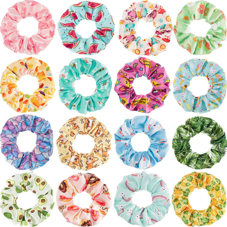 16 Pieces Cute Hair Scrunchies Kawaii Colorful Cute Unicorn Rainbow Mermaid Dog Printing Scrunchy Ponytail Holder Hair Ties Accessories for Women and