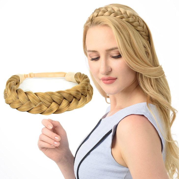 DIGUAN Huge 2 Strands Thick Synthetic Hair Braided Headband Classic Chunky Plaited Braids Elastic Stretch Hairpiece Women Girl Beauty accessory, 4oz