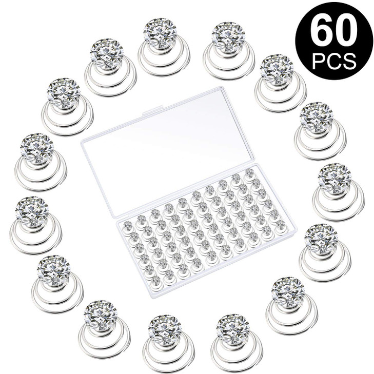 WILLBOND 60 Pieces Rhinestone Crystal Twisters Set Spiral Hair Pin Coil for Wedding, Bridal, Prom, Party and Important Occasion with Clear Container