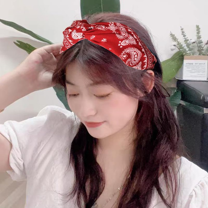 Xiyantiji Red Bandana Headbands for Women - Paisley Print Wide Turban, Vintage Cross Twist Knot, Non-Slip Boho Hair Accessories