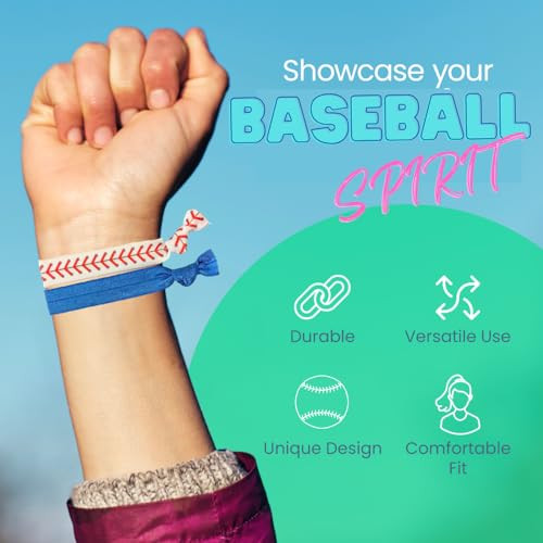 Infinity Collection Baseball Hair Ties, 5 Ponytail Holders - No Crease Hair Elastics for Women, Teens and Girls, Blue with Baseball Stitch Pattern -
